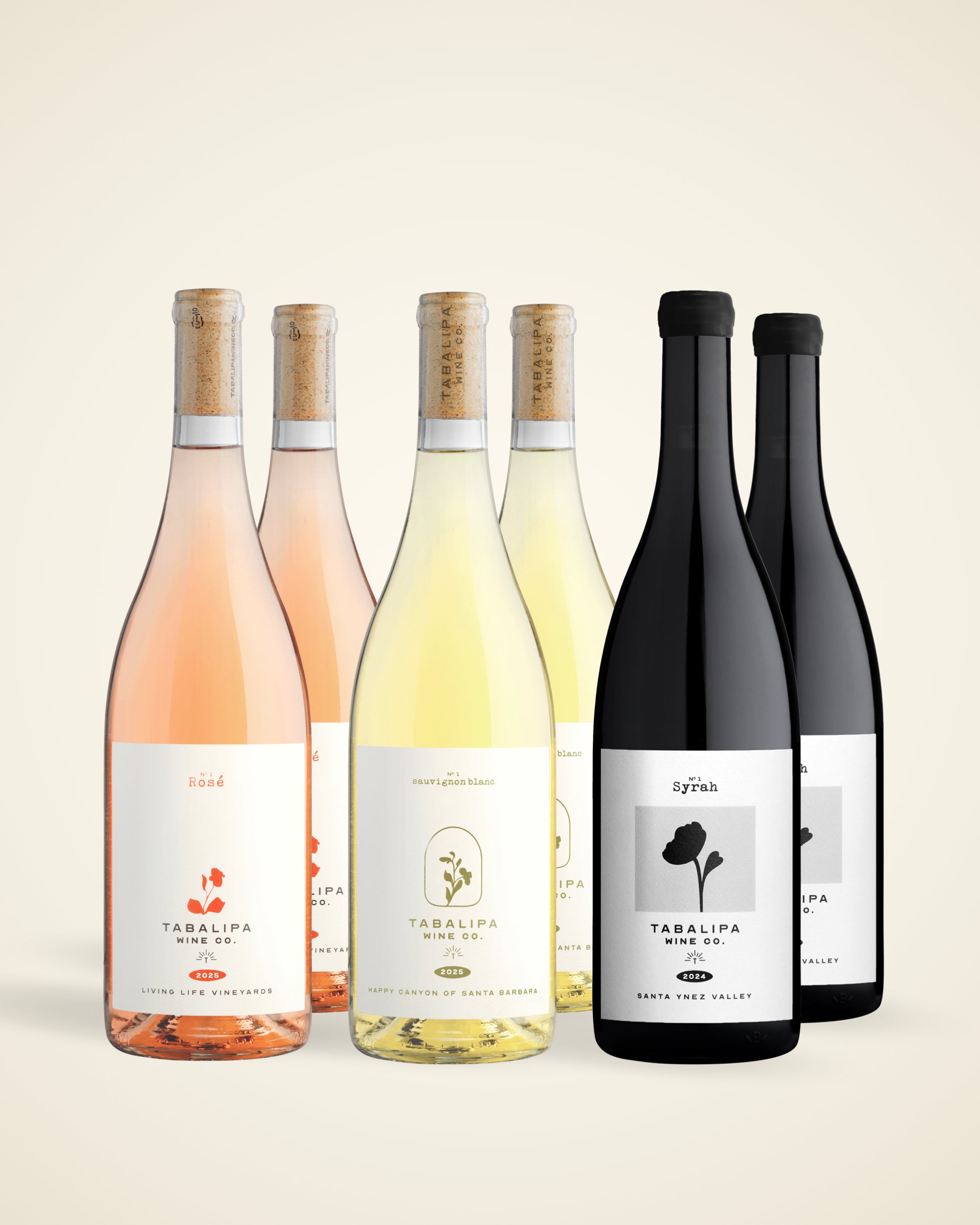 Six wine bottles from Tabalipa Winery arranged in a row against a light beige background. The lineup includes rosé, white, and red varieties, with three bottles in the back.