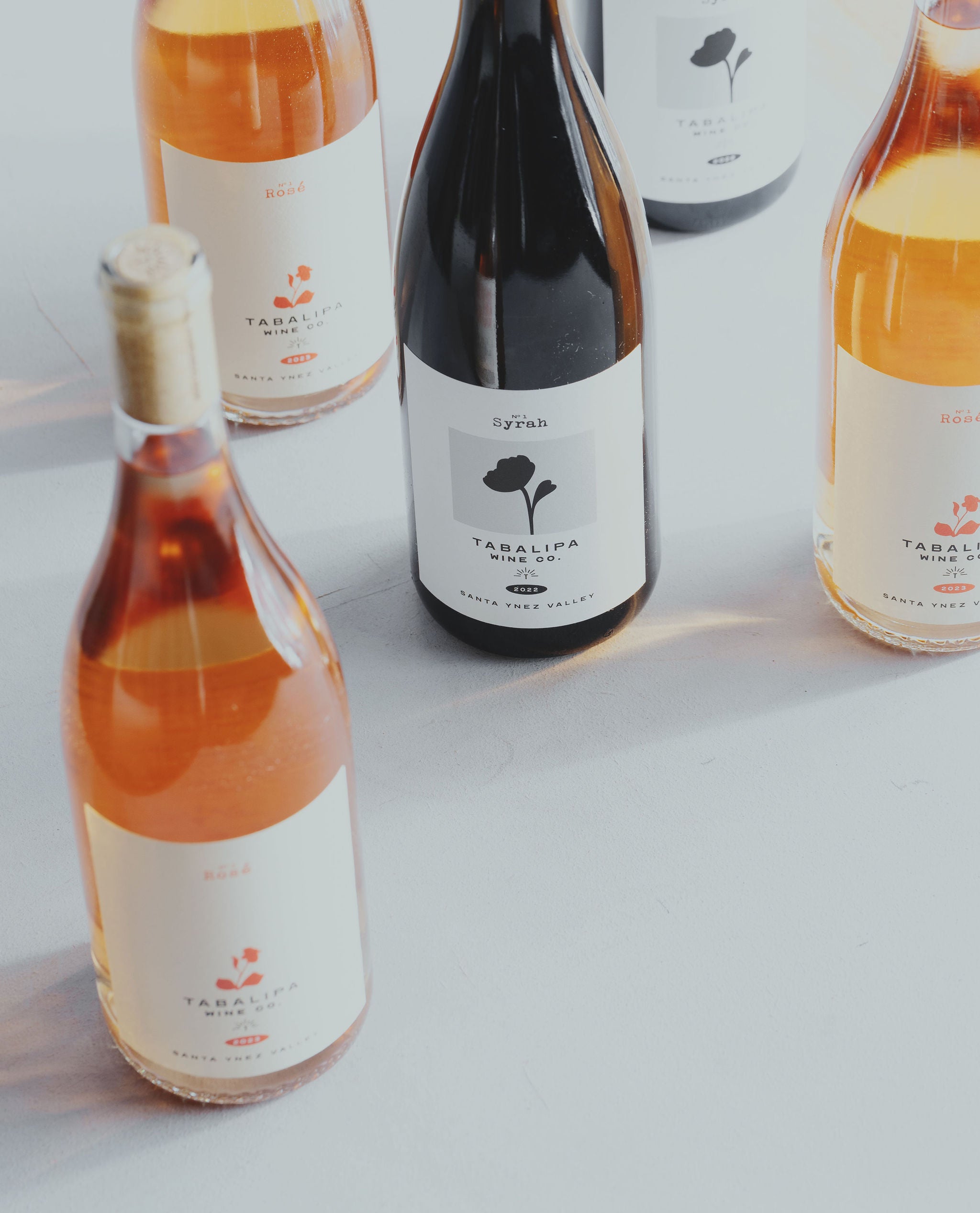 Wine bottles with visible labels on a light background